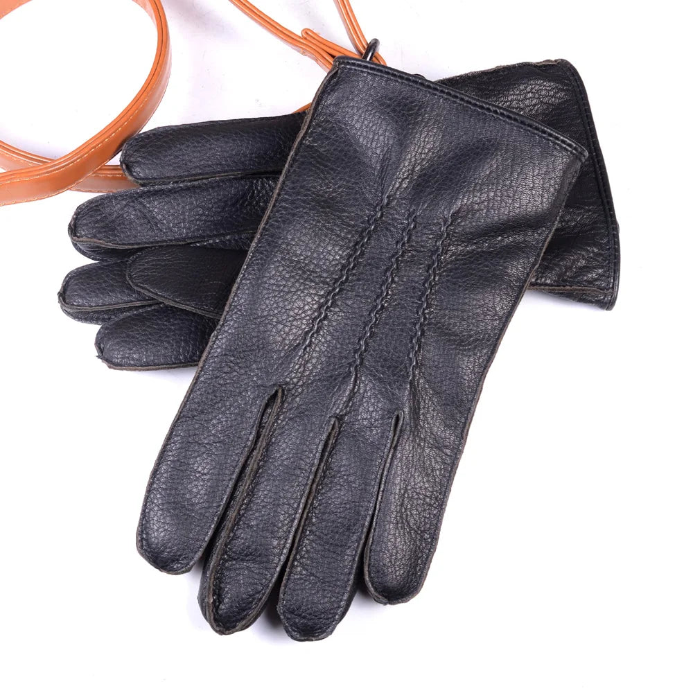 Men S Real Leather Deerskin Wrist Button Winter Warm Driving Short Gloves Outdoor