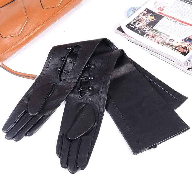 Women's Long Leather Gloves with Buttons – Unlined Evening Gloves 40–80cm