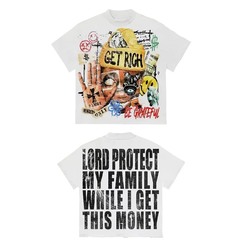 Men S Y2k Pattern T-Shirt Get Rich God Bless Your Family Slogan Street Style Short-Sleeved Shirt