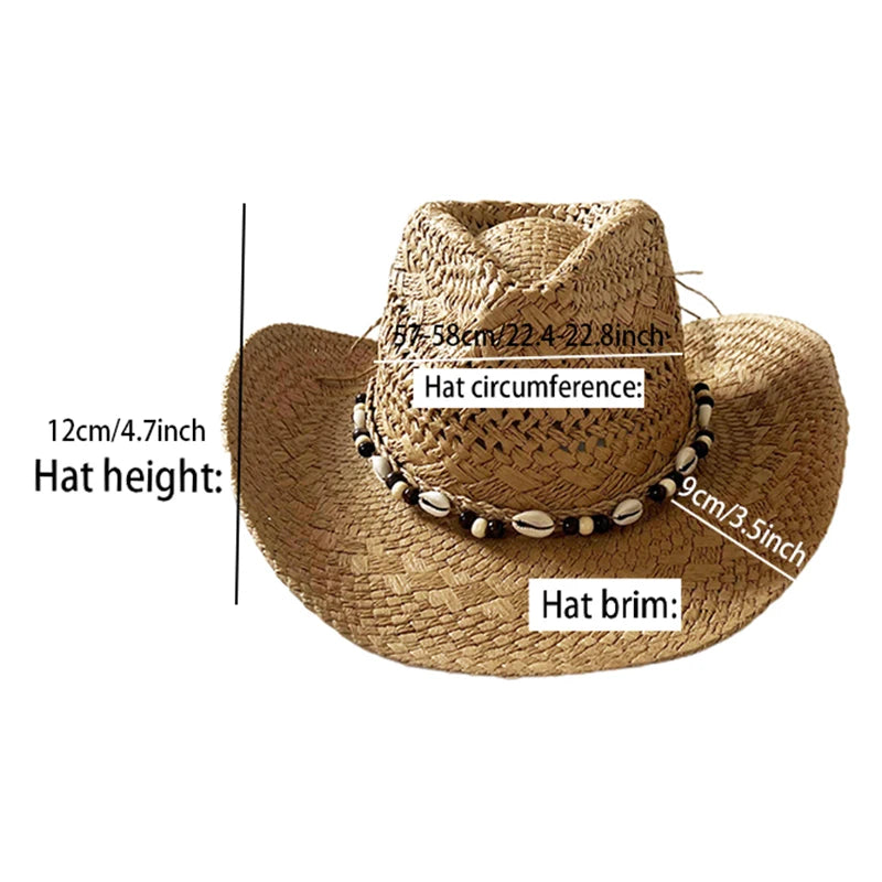Straw Cowgirl Hat Bohemian Shell Bead Wide Brim Handmade Beach Sun Hat