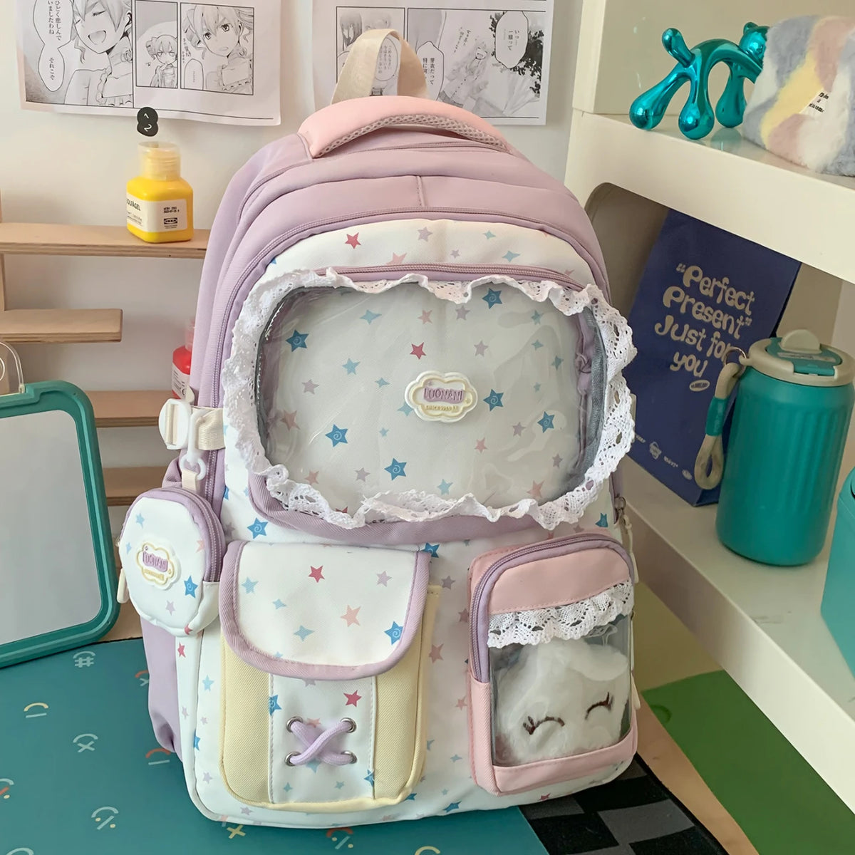 Cute Print Girls Backpack with Lace Decor – Large Capacity School Bag
