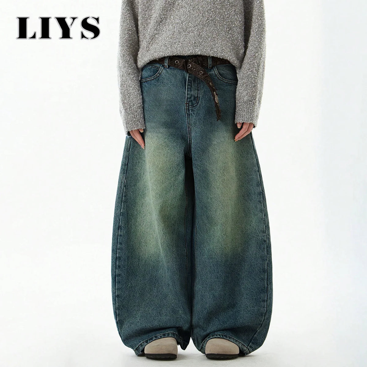 Men S Wear Blue Wide-Leg Denim Pants Baggy Jeans Vintage Three-Dimensional Cut Curved Knife Loose