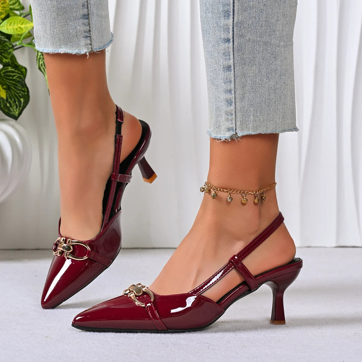Pointed Toe Slingback Pumps – Patent Leather Mid Heel Sandals