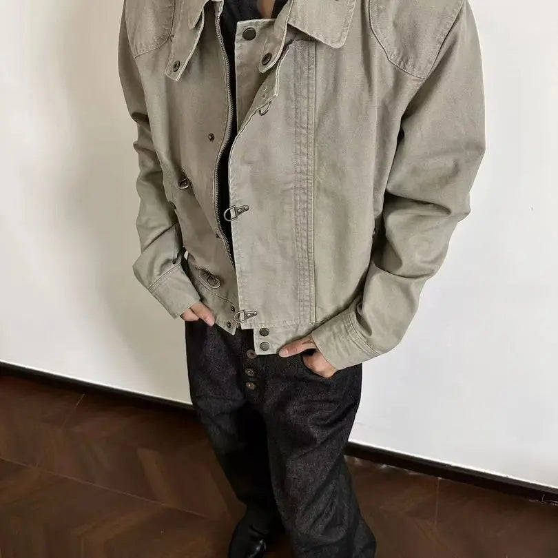 Retro Workwear Jacket – Unisex Short Coat with Metal Clasp Detail