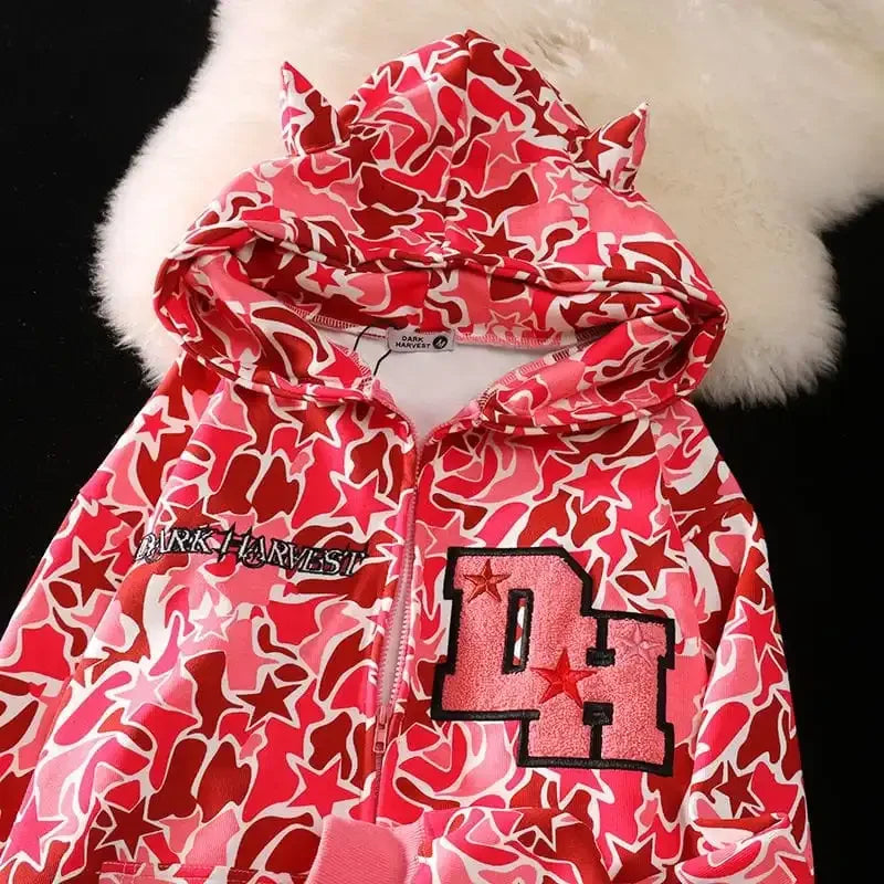 Harajuku Star Camo Full-Zip Hoodie Jacket – Unisex Streetwear
