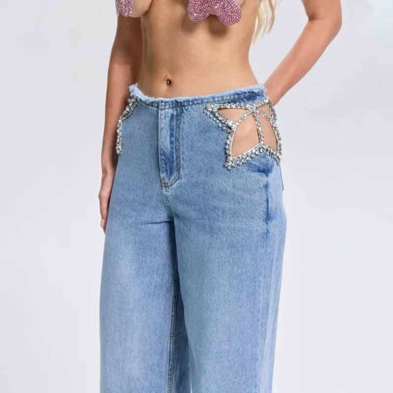 Y2K Rhinestone Hollow Out Wide Leg Jeans for Women