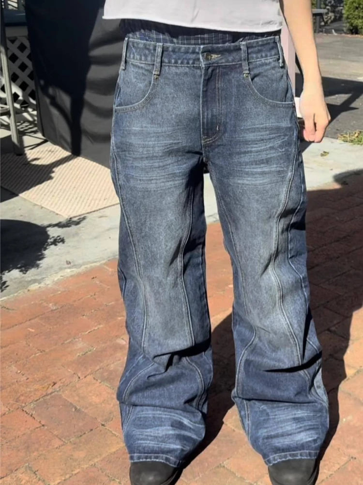 Mens Jeans Harajuku Vintage Streetwear Embroidery Hip Hop Denim Pants Washed Distressed Straight Leg