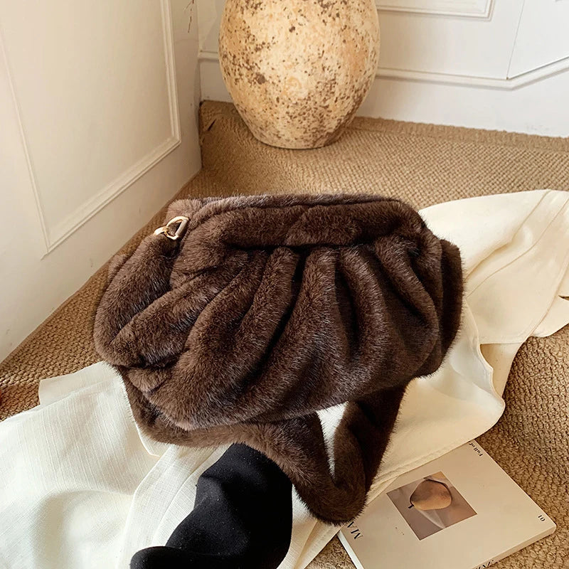 Fashion Pleated Cloud Bag Soft Faux Fur Handbag Popular Korean-style