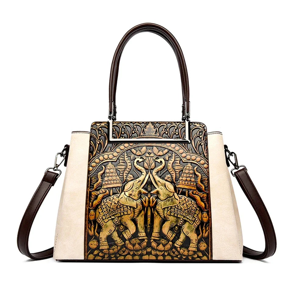 Vintage Embossed Handmade Handbag Women Versatile Pu Leather Shoulder Bag 3 Layers Large Capacity
