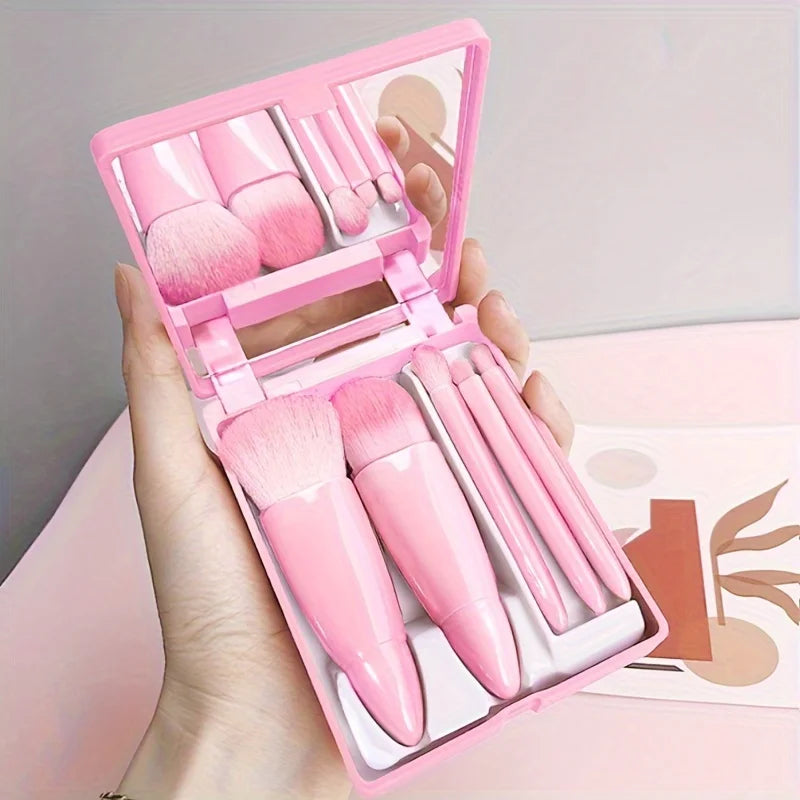 5-Piece Mini Travel Makeup Brush Set with Foldable Mirror
