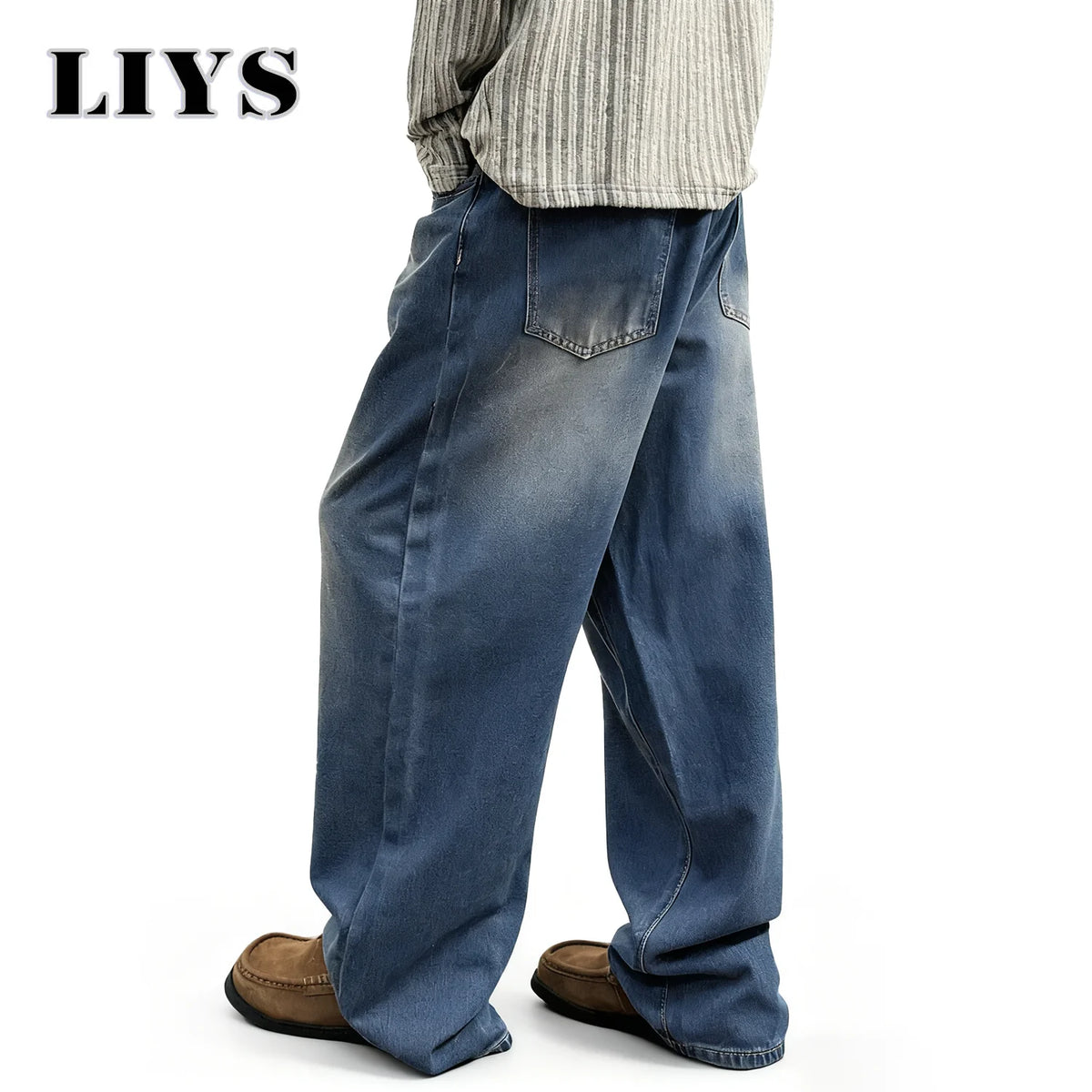 Men's Baggy Jeans – Retro Washed Blue Straight-Leg Denim Pants