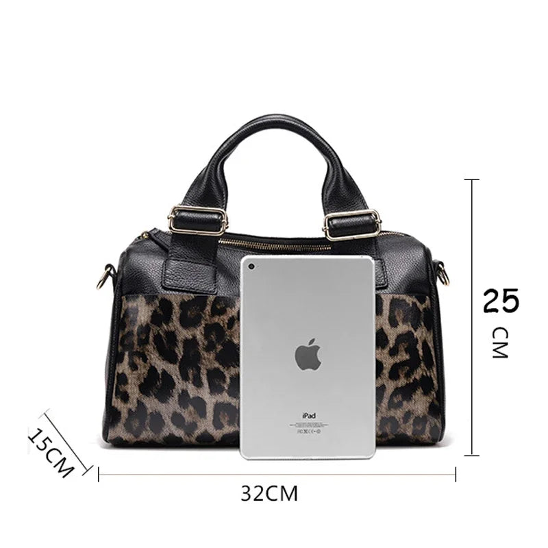 Leopard Genuine Leather Boston Crossbody Bag for Women