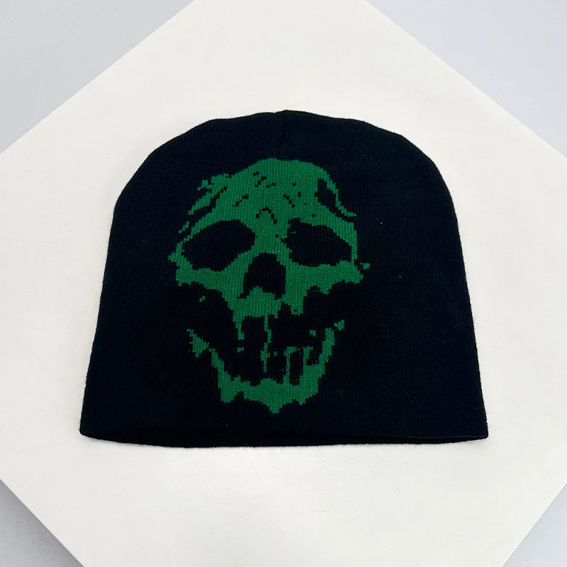 Skull Print Knit Beanie – Color Block Warm Winter Hat Punk Style