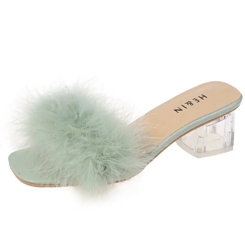 Summer Fluffy Peep Toe Sexy Heels Women Shoes Fur Feather Lady Wedding Slip-On Pink Square Sandals