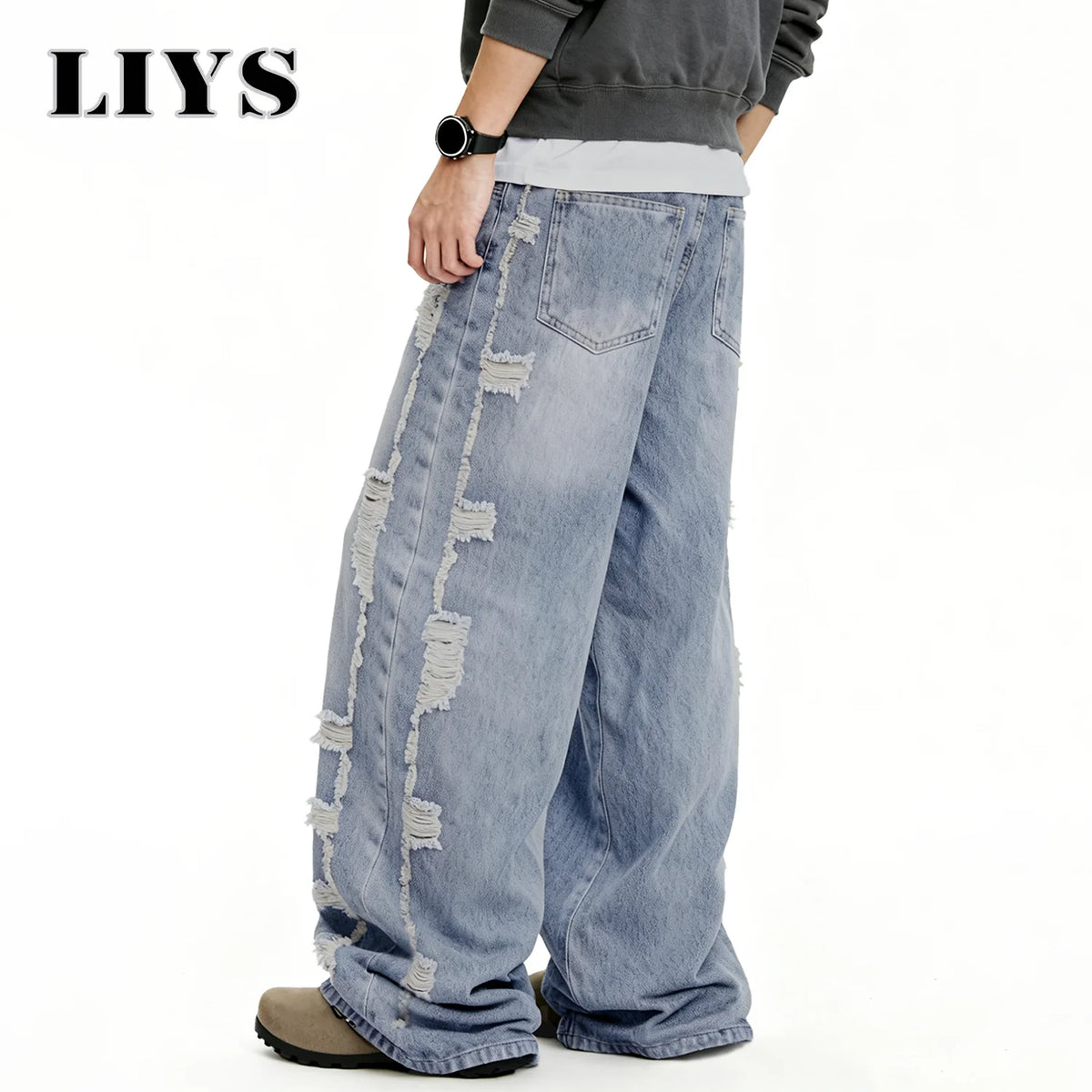 Men S American Retro Street Blue Baggy Wide Leg Jeans Korean Side Ripped Loose Personalized Design