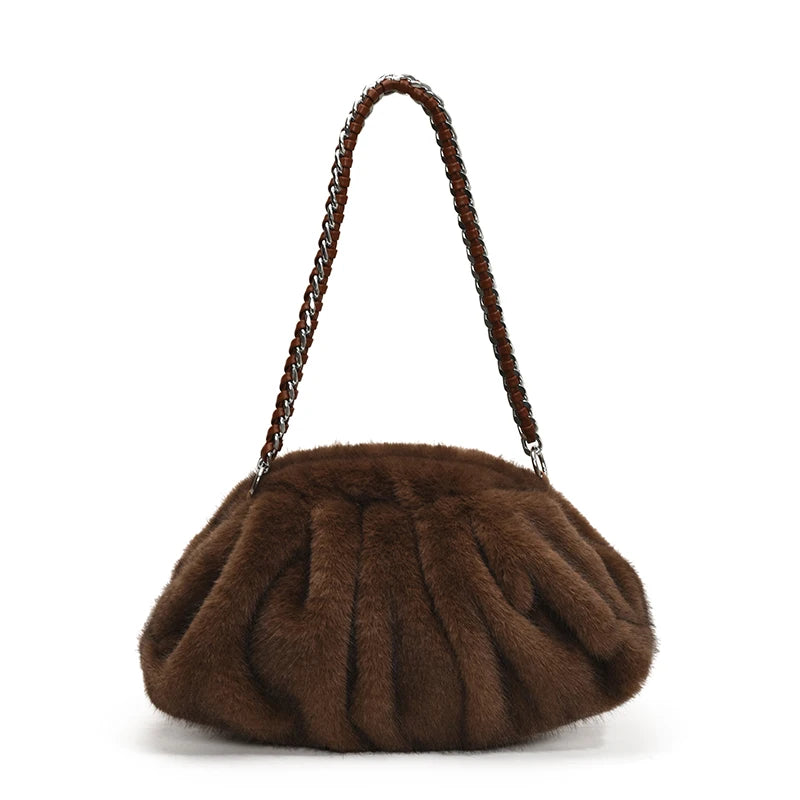 Pleated Design Faux Fur Shoulder Bags