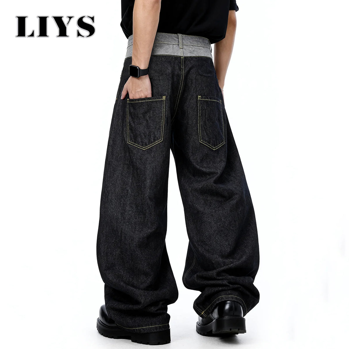 Liys Men S Retro Double Waist Design Baggy Wide Leg Jeans Street Denim Pants Gothic Loose Machete