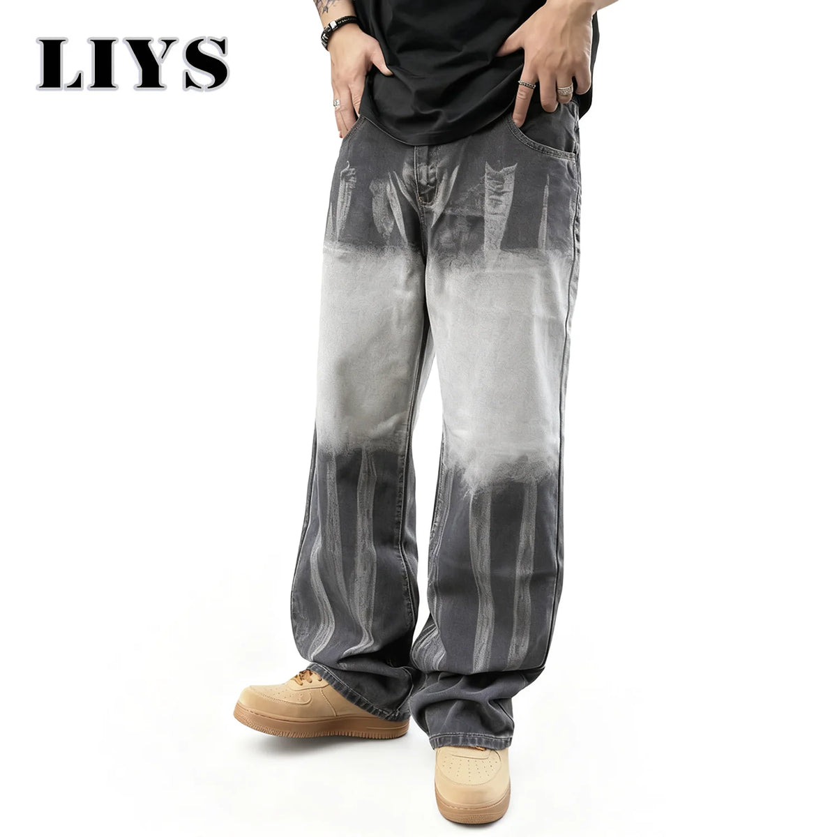 LIYS Tie-Dye Gradient Baggy Wide Leg Jeans – Unisex Streetwear Denim