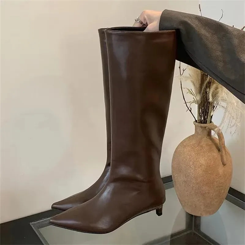Women's Knee-High Cowboy Boots – Pointed Toe Slip-On Low Heel