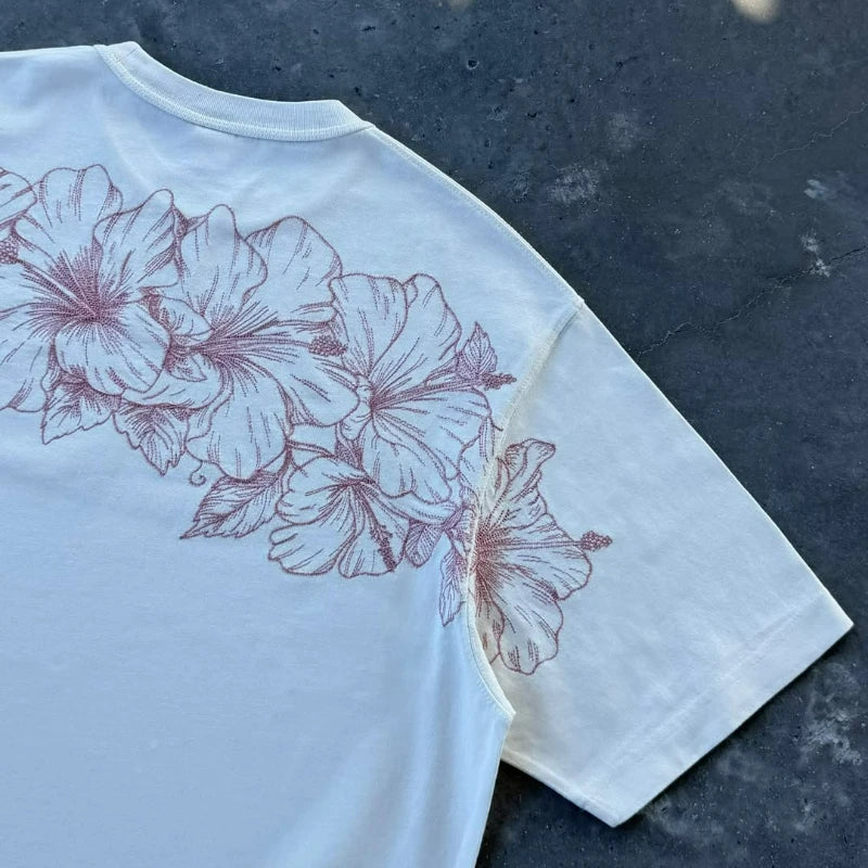 Flower Embroidery Heavyweight Cotton T-Shirt – Y2K Unisex Loose Fit Tee