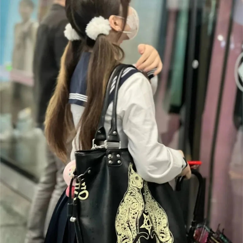 Large Capacity Black Tote Bag Women High Street Lolita Gothic Leather