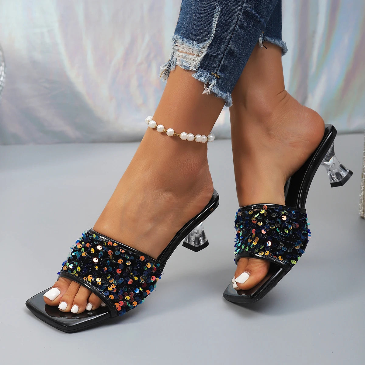 Sequin Heeled Mule Sandals for Women – Open Toe Clear Block Heel