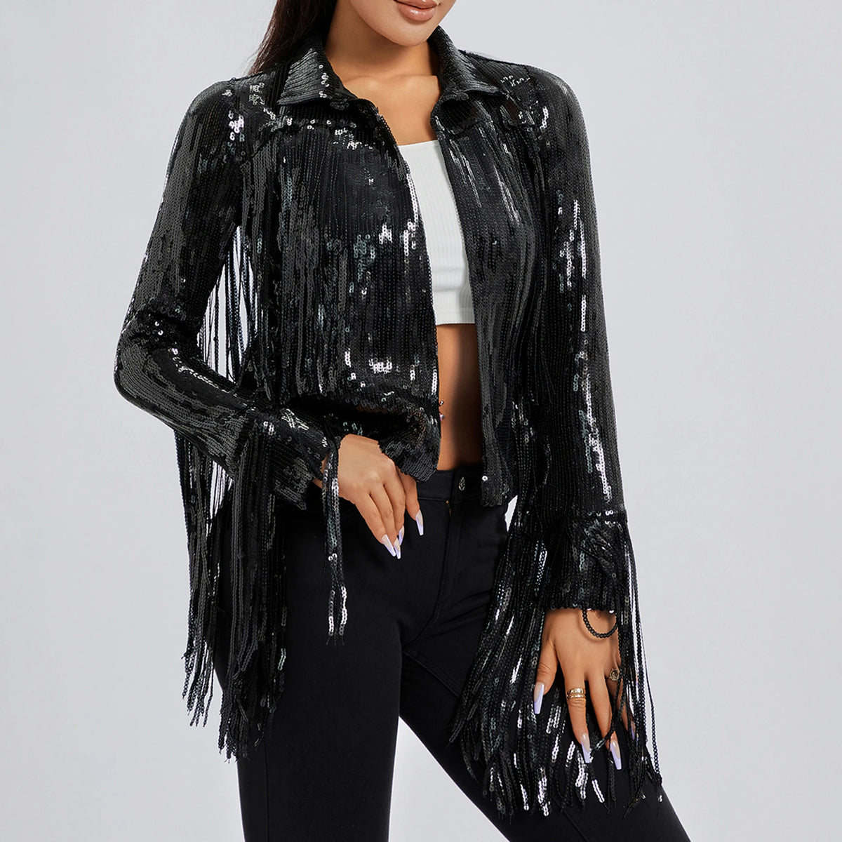 Sequin Fringe Jacket Women Sparkly Disco Outwear Long Sleeve Open Front