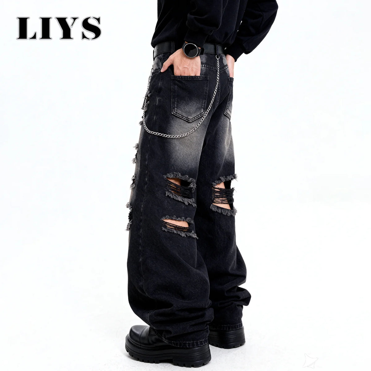 Baggy Ripped Jeans Unisex Gothic Wide Leg Distressed Denim Pants Streetwear