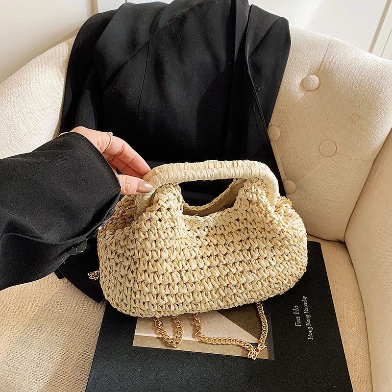 Woven Straw Bag with Chain Strap – Women's Boho Beach Handbag