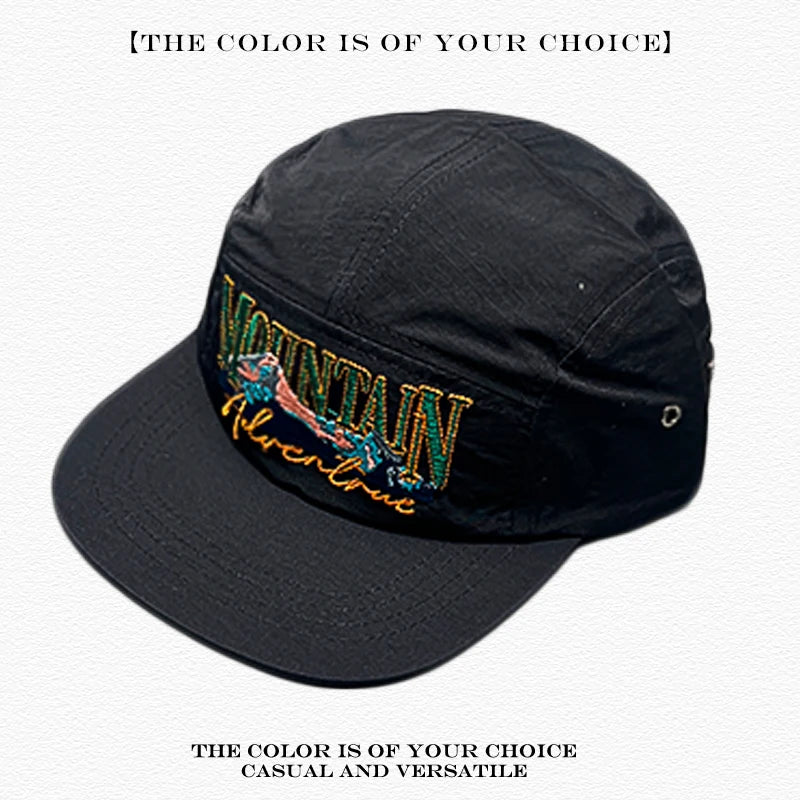 Mountain Adventure Embroidered 5-Panel Camp Cap – Quick-Dry Outdoor Hat