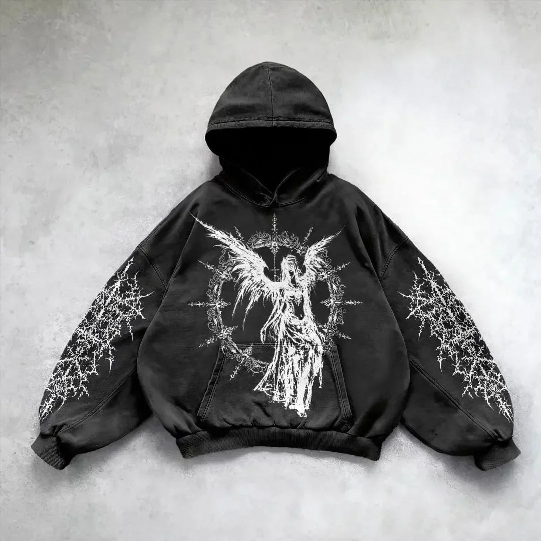 Y2K Goth Skull Goddess Print Oversized Hoodie – Women's Streetwear