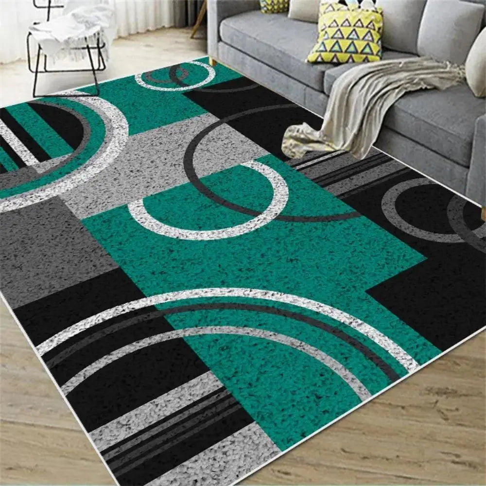 Modern Geometric Area Rug – Teal Black Stain-Resistant Floor Carpet