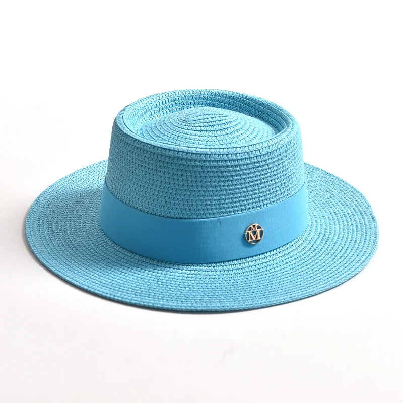 Women's Straw Sun Hat Flat Brim Ribbon Beach Hat
