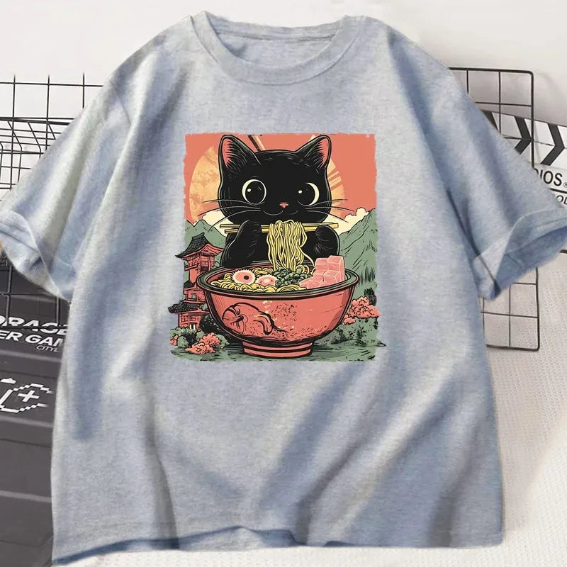 Black Cat Ramen T-Shirt – Women's Harajuku Graphic Tee