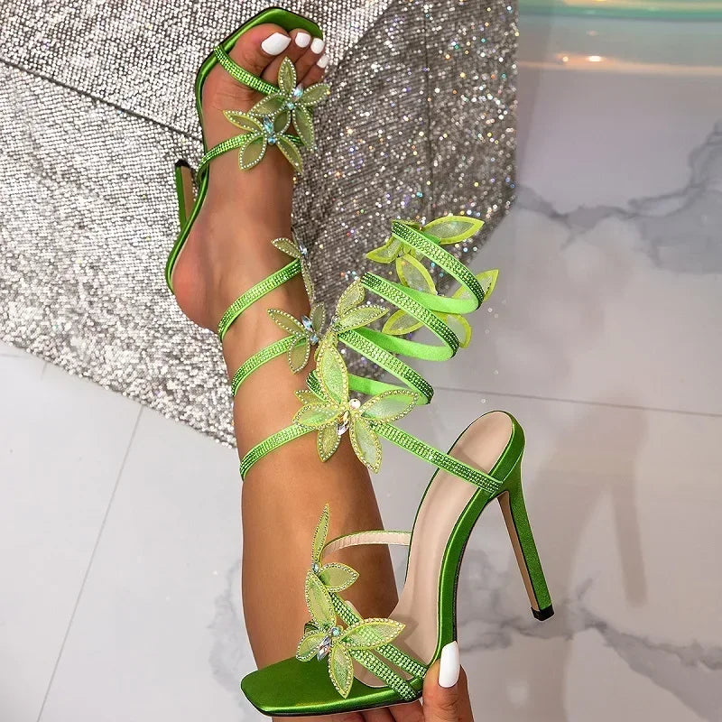 Eilyken Crystal Butterfly-Knot Stiletto Sandals – Peep Toe Ankle Strap Heels