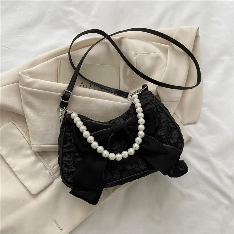 Pearl Female Bag Retro Luxury Designer Handbag Bow Crossbody Bags
