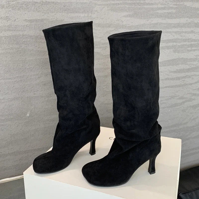 Eilyken Women Knee-High Stiletto Boots – Round Toe Suede