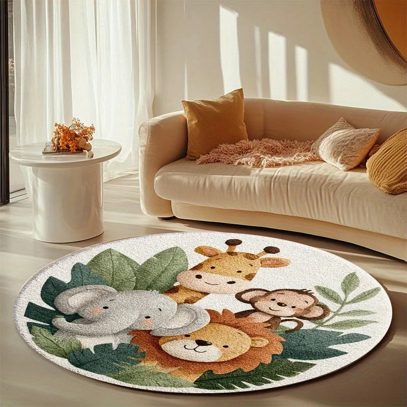 Cartoon Jungle Animal Round Rug – Non-Slip Soft Kids Play Mat