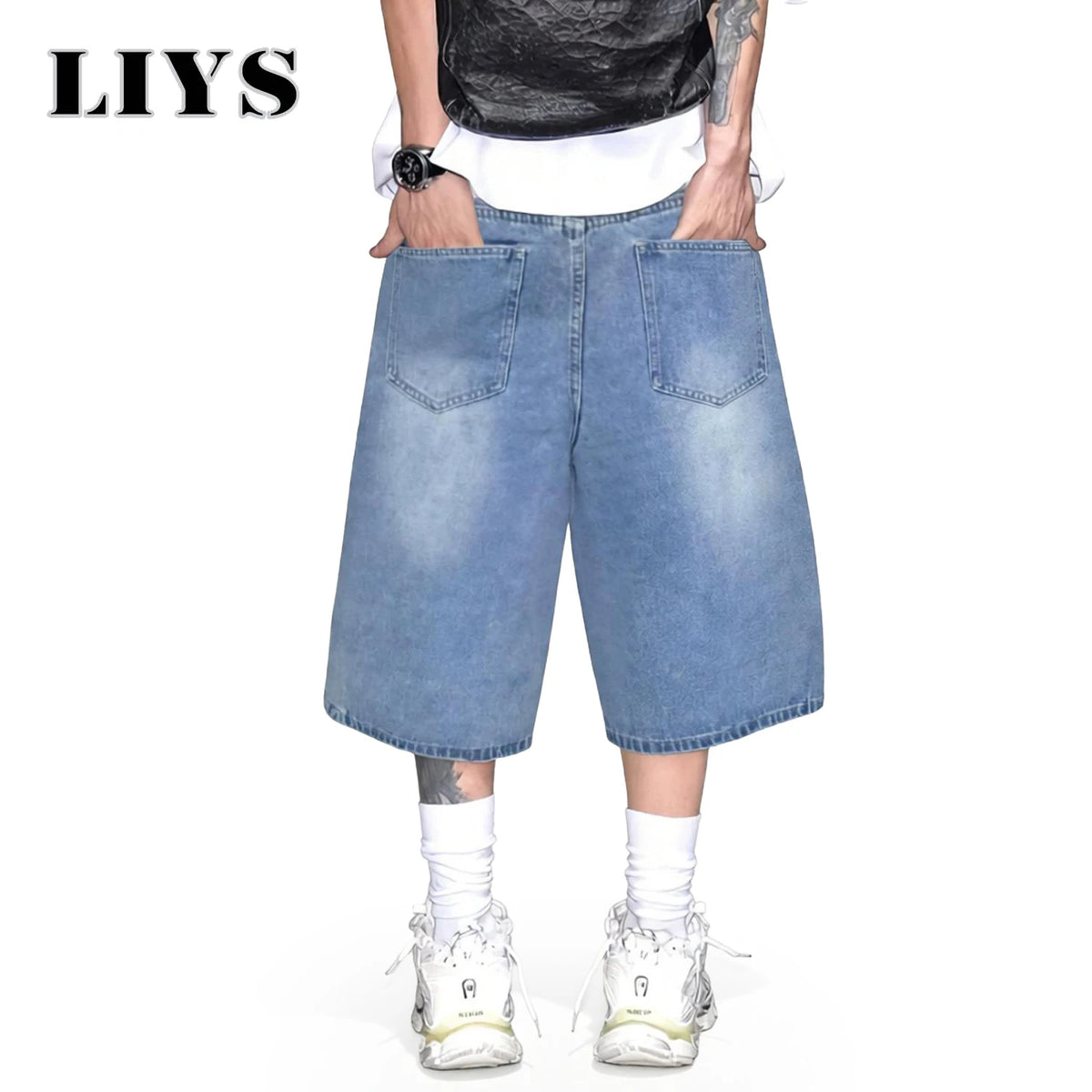 Baggy Wide-Leg Denim Shorts – Men's Light Blue Streetwear