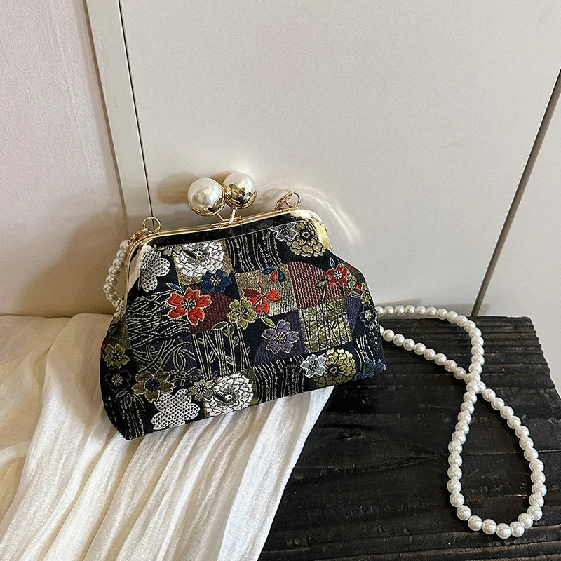 Floral Embroidery Kiss-Lock Shoulder Bag with Pearl Chain