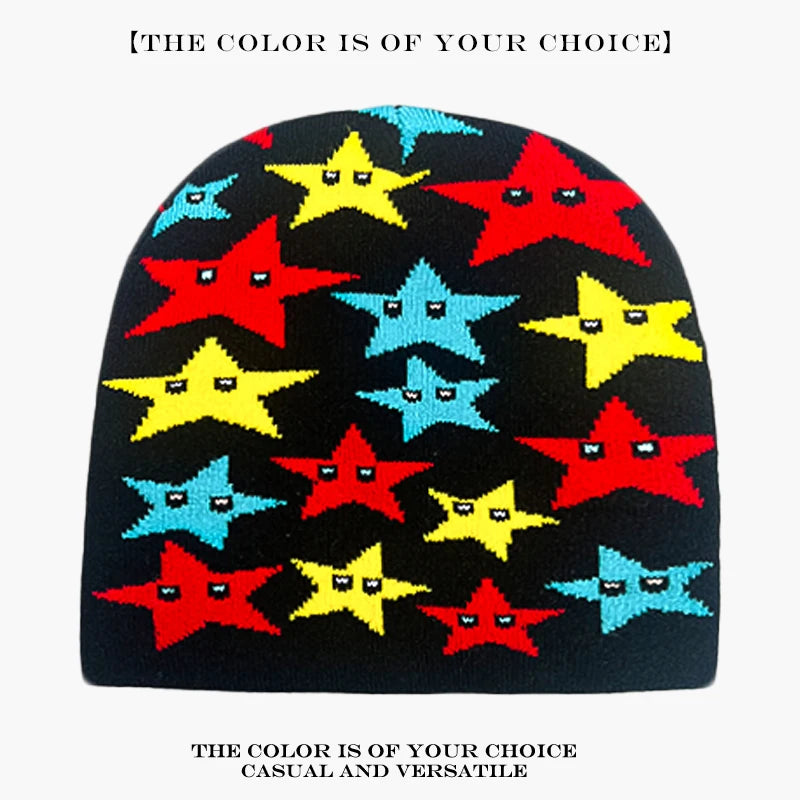 Star Print Beanie Hat – Unisex Hip Hop Knit Cap for Fall & Winter