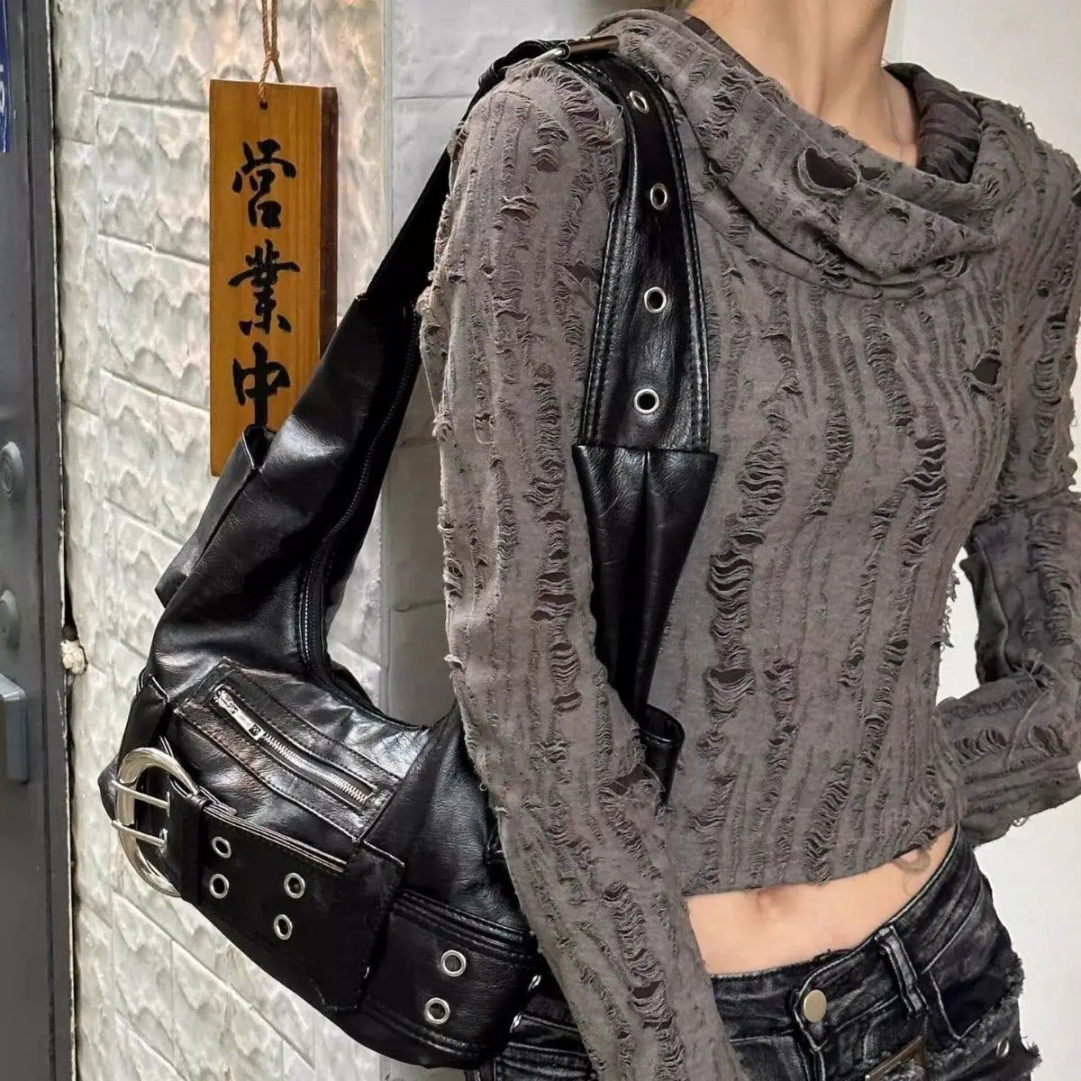 High Street Black Shoulder Bags Cool Hot Girls Leather Y2k