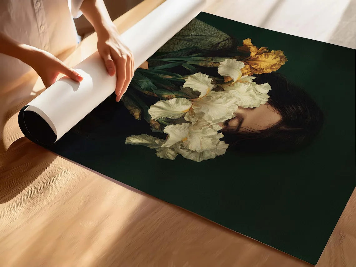Woman with White Irises Emerald Green Portrait Wall Art Print