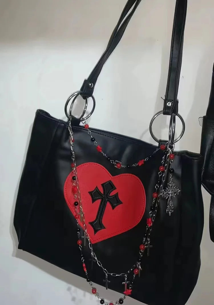 Y2k Grunge The Tote Bag Women Gothic Cross Pu Leather