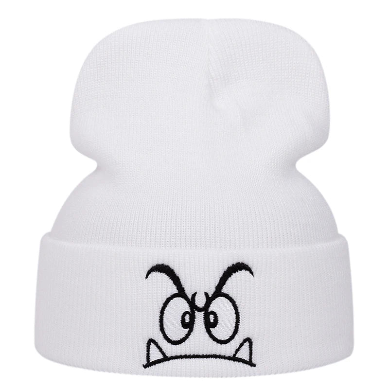 Angry Face Embroidered Knit Beanie – Unisex Winter Hat