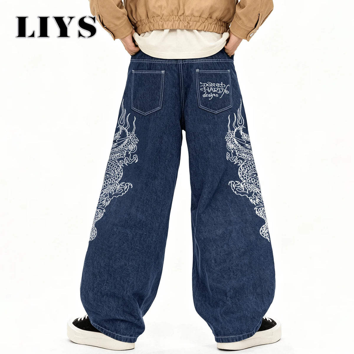 Dragon Embroidery Baggy Wide Leg Jeans for Men