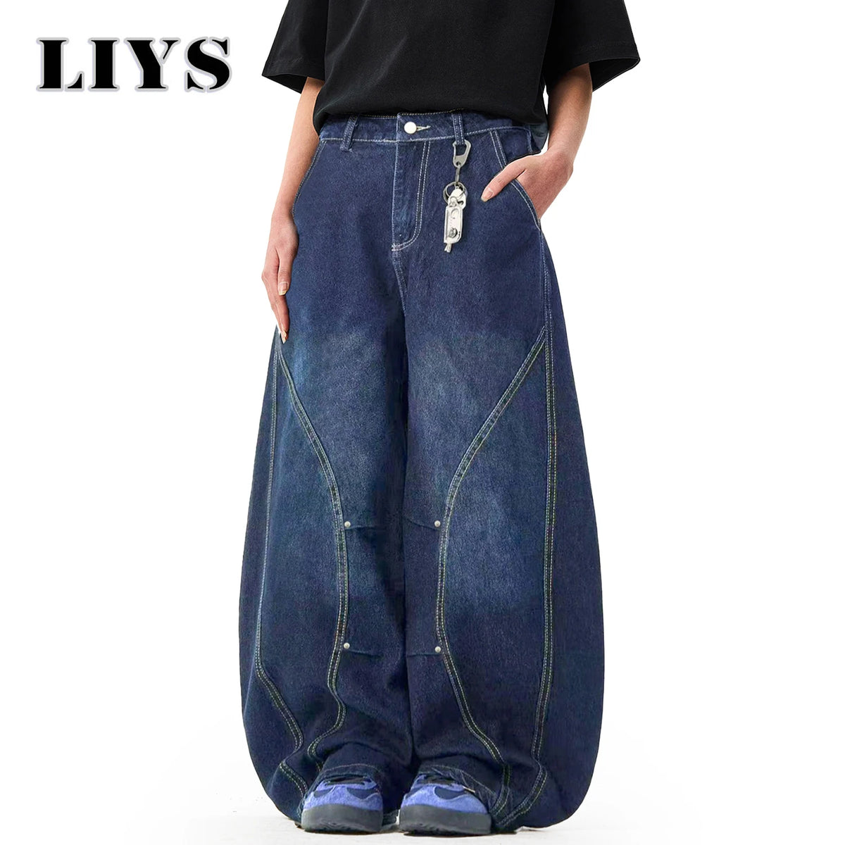 Men S American Retro Blue Loose Machete Wide Leg Jeans Unisex Baggy Straight Sickle Denim Pants