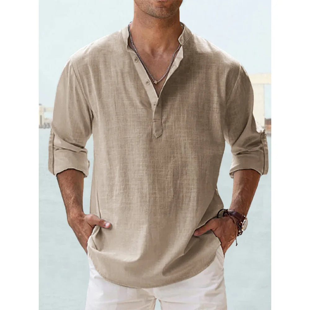 Men's Cotton Linen Henley Shirt – Long Sleeve Casual Beach Top