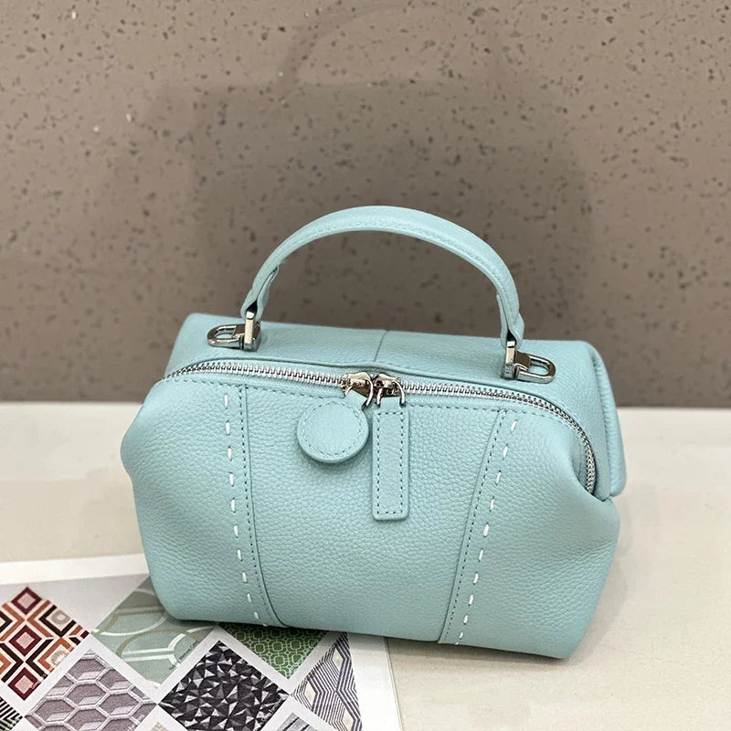 Genuine Cowhide Leather Mini Boston Bag for Women Luxury Designer Pebbled Leather