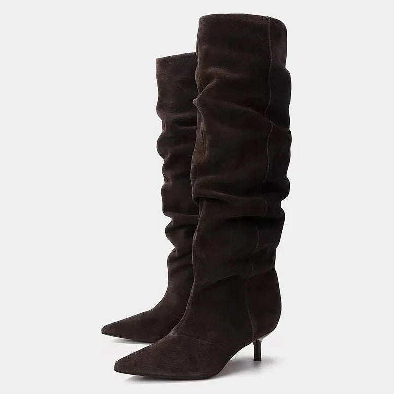 Pleated Suede Knee-High Boots Women Pointed Toe Kitten Heel